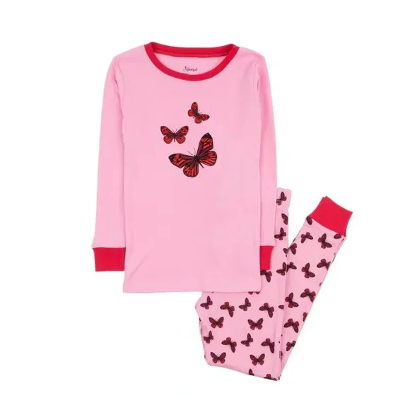 Leveret Girl Butterfly Print Long Sleeve & Pants PJ Set Cotton Pajamas - Picture 1 of 2
